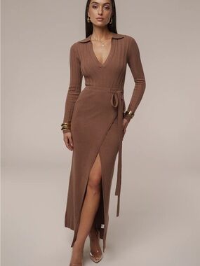 JLUXLABEL Brown Rib-Knit Collared Wrap Maxi Dress